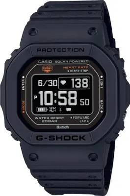 A black Casio G-Shock digital watch with a digital display showing time, date, and heart rate.