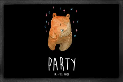 Produktbild von Mr. & Mrs. Panda Fussmatte Bär Party 60 x 90 cm - Schwarz - Geschenk, Lustig, hausmatte, Feiern, Fußabtreter, Geburtstag, Schuhabstreifer, Geburtstagsgeschenk, Teddy