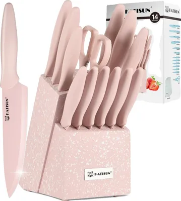 Obrázek produktu pro Sada kuchyňských nožů, čepele z uhlíkové oceli, ergonomické rukojeti, růžová barva