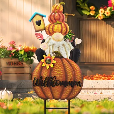 Zdjęcie produktu dla Jesienna dekoracja ogrodowa z figurą ogrodową GNOME i dynią 58 cm pomarańczowa