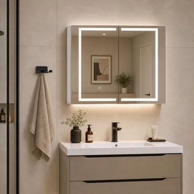Produktbild von GIHAUVIA Spiegelschrank Bad LED mit Beleuchtung 2-türig Dimmbar Touch Steckdose 80×60×15 cm Spiegelschrank Badezimmer Spiegel Badezimmerschrank