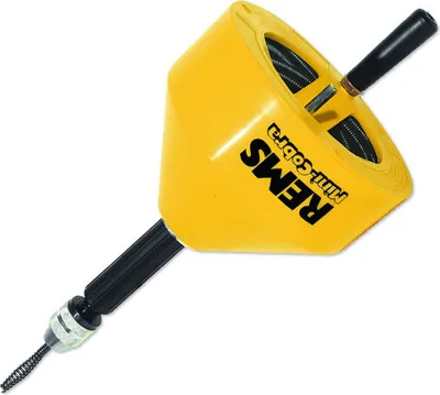 A yellow pipe cleaning tool with a black handle and cable, shown against a white background.