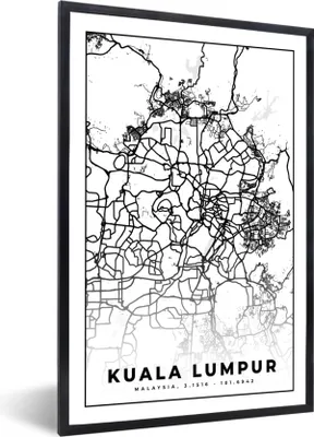 Produktbild von MuchoWow® Gerahmtes Poster Kuala Lumpur - Karte - Stadtplan - Schwarz und weiß 20x30 cm - Poster mit Schwarzem Bilderrahmen Wandposter Rahmen Foto Bilder - Drucken - Bilder Poster im Rahmen
