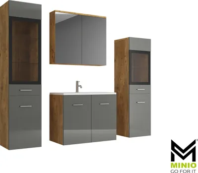 Produktbild von MINIO, Badezimmermöbel "MARIT 2", Badezimmermöbel Set, mit Waschbecken, Kastanien Breslau / Grau Hochglanz Farbe