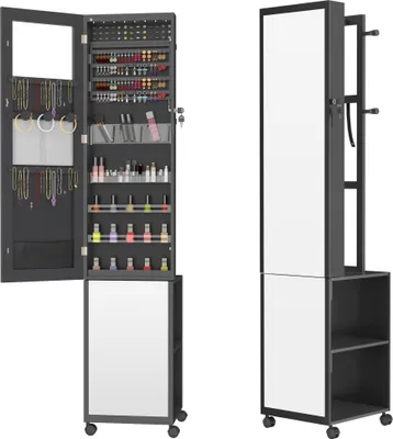 Obrázok produktu pre JOIEYOU Skrinka na šperky so zrkadlom Zrkadlová skrinka Skrinka na make-up s kolieskami a 6 LED diódami Uzamykateľný úložný priestor na šperky Organizér na make-up 3 v 1 so zrkadlom po celej dĺžke Stojace zrkadlo, čierne