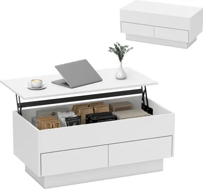 Image de HOMCOM Table basse relevable, table de salon avec compartiment caché et 2 tiroirs, style moderne, pour salon, bureau, 100 x 50 x 44 cm, blanc