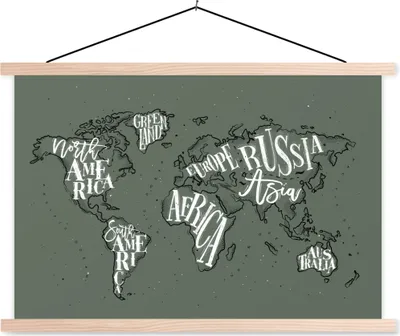 Produktbild von MuchoWow® Textilposter Weltkarte - Grau - Weiß 120x80 cm mit holzfarbenen Rahmen - Aufhängeset