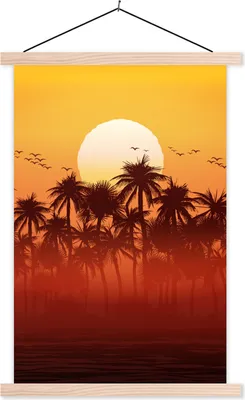 Produktbild von MuchoWow® Textilposter Sonne - Vogel - Palme 120x180 cm mit holzfarbenen Rahmen - Textil-Plakat