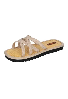 Produktbild von CINNEA® »CARA« Zimt Sandalette mit 4 schmalen Kreuzriemchen, gegen Fußschweiß und Fußgeruch, Binseninnensohle gegen Hornhautneubildung, Haussandalen, temperaturregulierend beige Größe 42/43