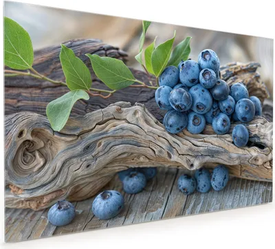 Produktbild von Küchenrückwand Spritzschutz Glas mit Motiv Blaubeeren auf Holz 40 x 40 cm