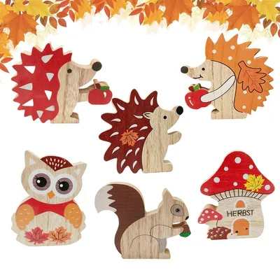 6er-Set Igel-Dekoration aus Holz für Herbst