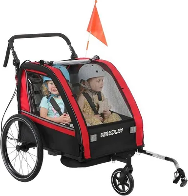 Produktbild von Fahrradanhänger für Kinder, 2-Sitzer, 2-in-1, Kinderwagen mit verstellbarem Lenker, Handbremse, 5-Punkt-Sicherheitsgurt, Sicherheitswimpel, Universalkupplung, bis 38 kg, Rot