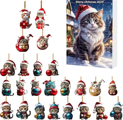 Produktbild von Weihnachts-Katzen-Adventskalender, Acryl, 2D-Cartoon-Katze, hängende Dekoration, 24 Tage 2025, Weihnachts-Countdown-Kalender, Geschenk für Katzenliebhaber, Feiertagsdekoration