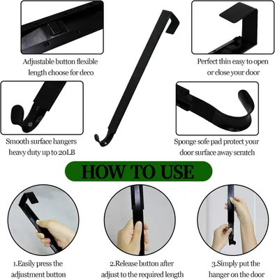 Produktbild von 2er Set Kranzaufhänger - Verstellbar 38-65 cm - Weihnachtskranz-Halter - Türhaken für Kränze - Metall - für Türen, Fenster und Wände - Schwarz