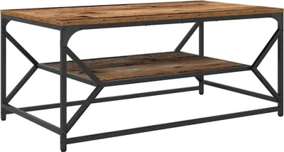 A coffee table with a wooden top and shelf, supported by a black metal frame.