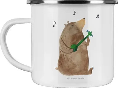 Produktbild von Mr. & Mrs. Panda Teebecher Bär Gitarre - Weiß - Geschenk, Emaille Becher, Teetasse, Tasse, blechbecher, wanderbecher, Teddy