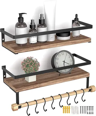 Produktbild von Wandregal aus Holz, schwebende Regale, 2er-Set mit Handtuchhalter, schwebende Regale, Wandregal, Hängeregal, ideal für Bad, Küche, Wohnzimmer, Büro