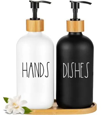 Produktbild von Seifenspender-Set aus Glas, 500 ml Seifenspender aus Glas, schwarz-weiß mit Ablage, Badezimmer-Set für Geschirrspülmittel, Handseife und Lotion für Badezimmer und Küchenarbeitsplatte.