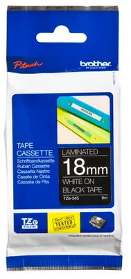 Zdjęcie produktu dla Taśma z napisami TZe-345 (lam.) biała na czarnym 18 mm x 8 m