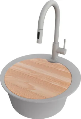 Produktbild von PRIMAGRAN Granitspüle Grau 50x50cm, Spülbecken Rund 1 Becken + Küchenarmatur 40x20cm + Ablauf-Set + Schneidebrett, Küchenspüle ab 45er Unterschrank - Pisa