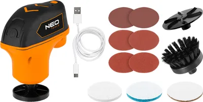 A collection of images showing a mini polisher tool and its accessories.