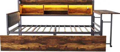 Obrázek produktu pro okwish Mládežnická postel 90x200, Kovová postel bez matrace, Rozkládací postel s LED osvětlením a vysouvacím stolem, rám s zásuvkami a multifunkční zásuvkou, Dřevěná barva