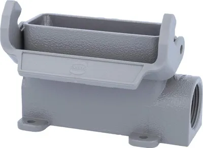 Produktbild von HARTING Han 16A Sockelgehäuse hoch, 2xM25 seitlicher Kabelabgang, mit 1 Längsbügel Verschraubung M25 Klemmbereich 9,0mm