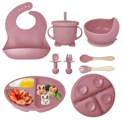 Produktbild von Silikon Baby Geschirrset Kindergeschirr 8x/Set Kinder Teller w/Saugnapf BPAFreie