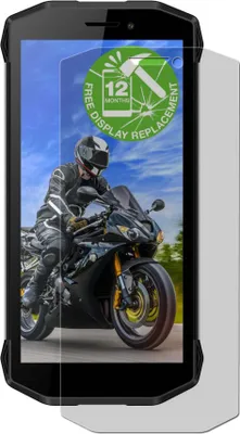 A smartphone with a screen protector applied, showing a motorcyclist on a sportbike.