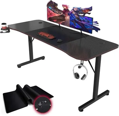Produktbild von Gaming Tisch 180, Ergonomischer Gamer-Computertisch (T-Form) mit Getränkehalter & Kopfhörerhalter, Schreibtisch 180 Schwarz