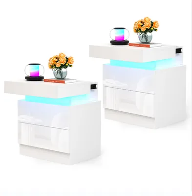 Produktbild von 2x Nachttisch mit LED,Weiß Hochglanz Nachtschrank mit 2 Schubladen,Beistelltisch Nachtkommode für Wohnzimmer, Schlafzimmer 40x35x52cm