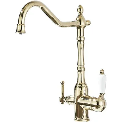 Produktbild von 3-Wege Küchenarmatur Retro mit Wasserfilter-Anschluss, Feststehender Auslauf, 360° schwenkbar, Einzelauslauf, Keramikkartusche Gold