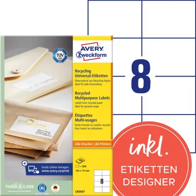 Produktbild von Avery Zweckform LR3427, Recycling Universal-Etiketten, A4, 105 x 74 mm, 800 Etiketten / 100 Bögen, naturweiß