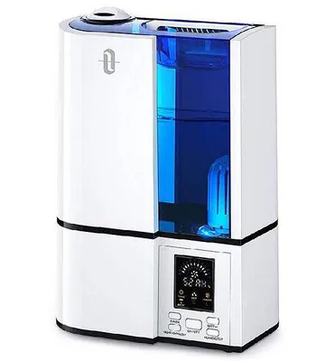 A white and blue humidifier with a digital display.
