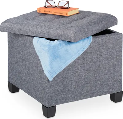 Produktbild von Relaxdays Sitzhocker mit Stauraum, HxBxT: 42 x 45 x 45 cm, gesteppt, Stoffbezug, Schaumstoff Polster, Fußhocker, grau