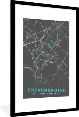 Produktbild von MuchoWow® Gerahmtes Poster Stadtplan - Karte - Grevenbroich - Blau - Deutschland - Karte 60x90 cm - Poster mit Schwarzem Bilderrahmen Wandposter Rahmen Foto Bilder - Dekoration - Wandposter Wohnzimmer - Hochwertig
