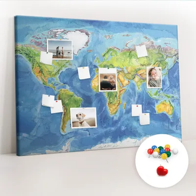 Obrázek produktu pro Korková nástěnka s kolíčky - Tabule s kolíky pro fotografie a poznámky - 140x100 cm - Připínáčky barevné 100 kusů - Mapa světa