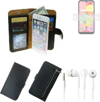 Produktbild von TOP SET Handy Hülle Schutz Hülle kompatibel mit LG Electronics Risio 4  schwarz aus Kunstleder + Kopfhörer Smartphone Tasche vollwertige Geldbörse