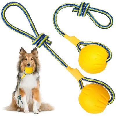 Produktbild von Hundespielzeug mit Seil 2er Set, Schwimmender Gummiball 9cm mit Griff für Apportieren & Tug-of-War, Gelb für Welpen & Mittelgroße Hunde