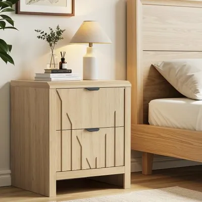 Produktbild von Nachttisch mit 2 Schubladen in Eichenoptik, Nachttisch im Mid-Century-Modern-Stil mit Metallgriffen ,1 Stück
