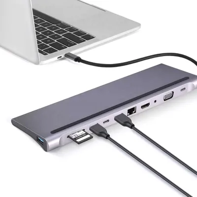 Produktbild von Hubs, 11 in 1 Docking Station USB C Hub, Hub Adapter für 3 Displays 2 HDTV 4K, VGA, USB 3.0/2.0, USB C,SD/TF Kartenleser, Ethernet, PD 100W