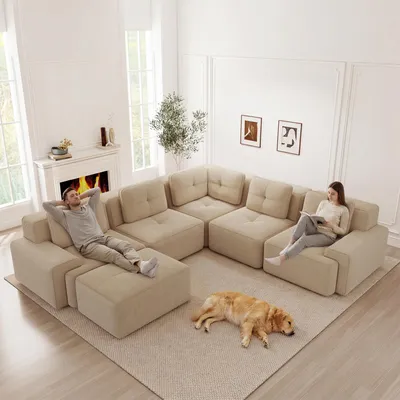Produktbild von STILVORA Modulares Wohnzimmersofa ohne Gestell mit tiefer Sitzfläche, Viersitzer-Sofa mit weichen Kissen und Cordbezug, Ecksofa mit rutschfestem Design, Beige