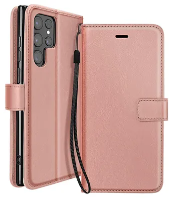 Obrázok produktu pre Mayaxess, ochranné puzdro s klopkou pre Samsung Galaxy S23 Ultra, s pútkom a možnosťou použitia ako stojan, ružovo-zlatá farba