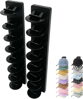 Productafbeelding van Kaphouders voor aan de muur - Set van 2 - Elk 8 vakken - Zwarte ABS-cap-organizer - Zonder boren voor baseballcaps