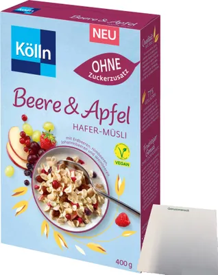 Produktbild von Kölln Müsli Beere-Apfel-Hafer ohne Zuckerzusatz (400g Packung) + usy Block