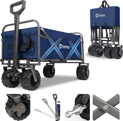 Produktbild von Sekey 200 kg Schwerlast Bollerwagen Faltbar, mit 17x10 cm PolyurethanReifen – Ideal für den Strand, Dunkelblau