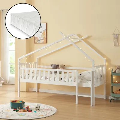 Obrázok produktu pre Domová posteľ 'Sotkamo' 90x200cm s matracom s ochranou proti vypadnutiu borovicové drevo biela