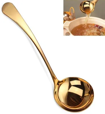 Produktbild von Unyqoos® Goldene Suppenkelle aus Edelstahl, langer 20 cm Griff – Servierlöffel für Suppe & Soßen, spülmaschinenfest, hochglanzpoliert
