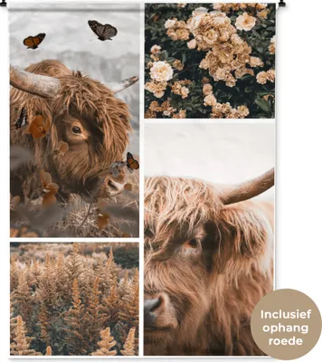 Produktbild von MuchoWow® Wandteppich Wandbehang Schottisches Hochlandrind - Schmetterling - Blumen 150x200 cm Tapisserie Dekoration Wandtuch - Wandaufhängung - Moderner