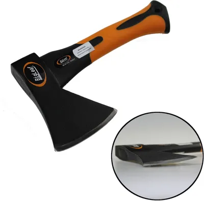 A product shot of an axe with a close-up inset.